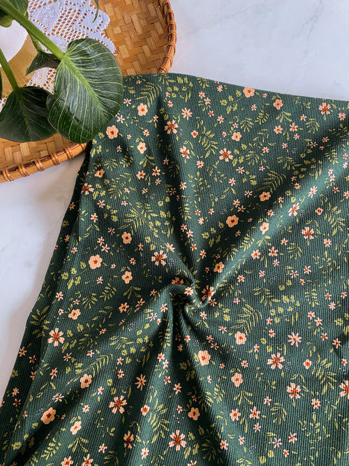 Retro Green Floral, Cotton Rib Jersey by the 1/2 metre (8452306403566)