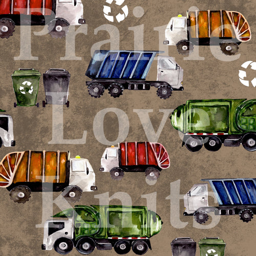 R51 PREORDER - Garbage Trucks, Taupe - by the 1/2 metre (8219829895406) (8470602580206)