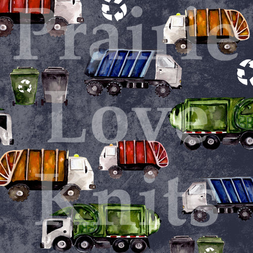 R37 PREORDER - Garbage Trucks on NAVY - by the 1/2 metre (7471247130862) (8470607364334)