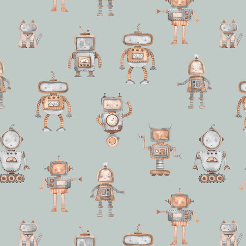 Robots Watercolour - Mint, per 1/2 meter, Jersey, European knits (8109604241646)