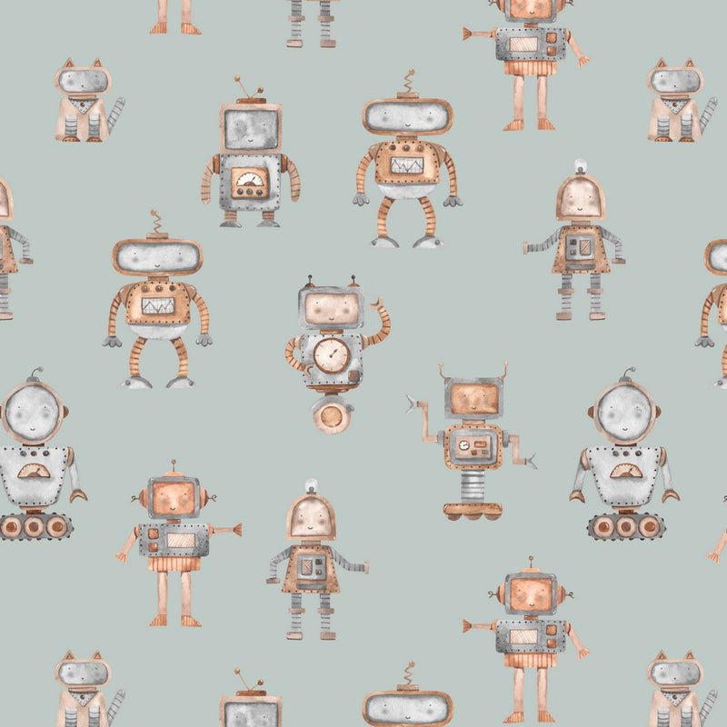 Robots Watercolour - Mint, per 1/2 meter, Jersey, European knits (8109604241646)