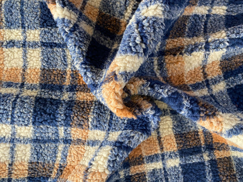 Mustard-Navy Plaid Teddy Fleece, Knit Fabric, per 1/2 meter, European knits (8181569323246)