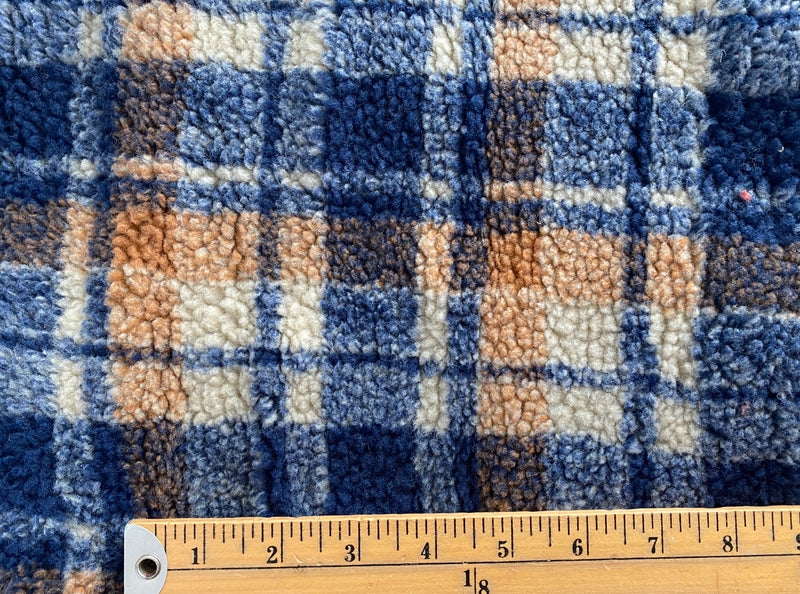Mustard-Navy Plaid Teddy Fleece, Knit Fabric, per 1/2 meter, European knits (8181569323246)
