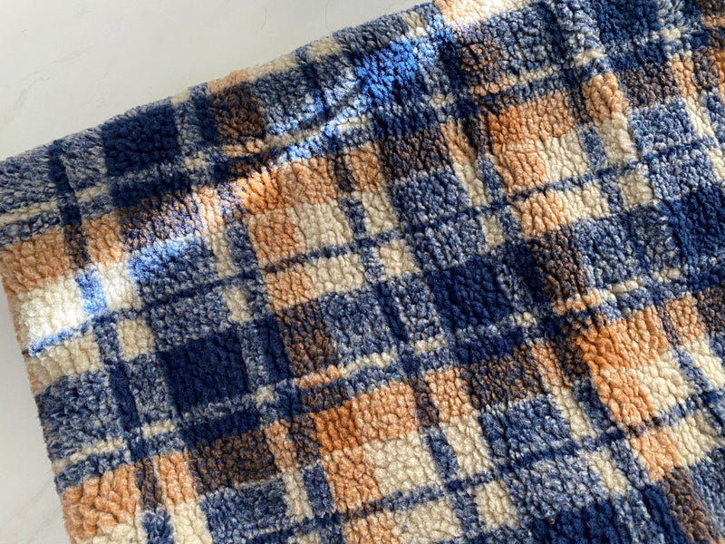 Mustard-Navy Plaid Teddy Fleece, Knit Fabric, per 1/2 meter, European knits (8181569323246)