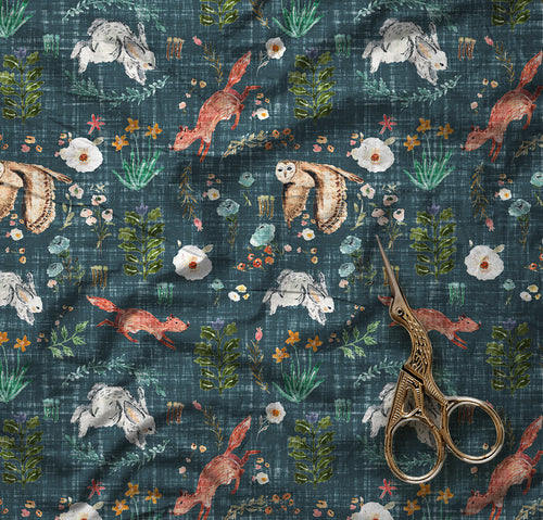 R50 PREORDER - Frolicking Friends Indigo - by the 1/2 metre (8117324644590)