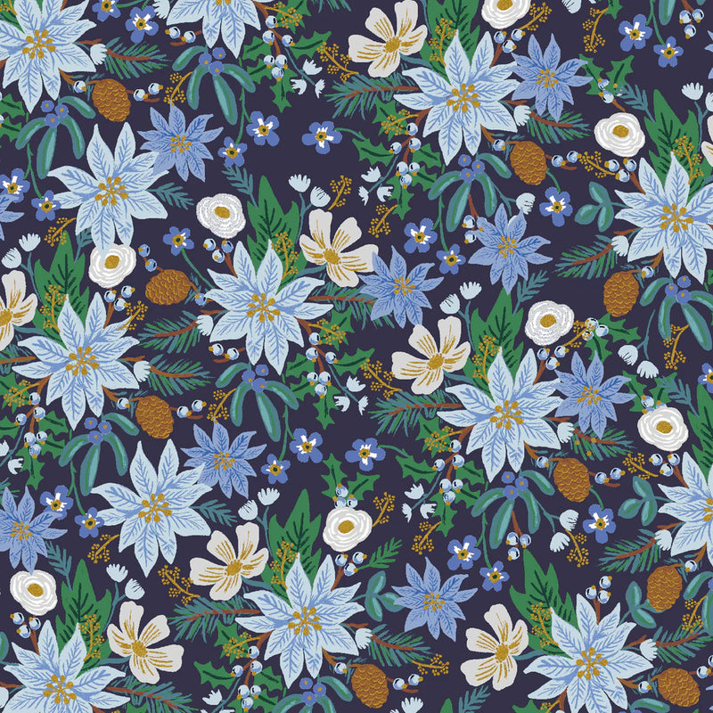Holiday Classics - Poinsettia Bouquet, Metallic Navy Blue - Cotton Poplin - PER 1/4 METRE (8100066623726)