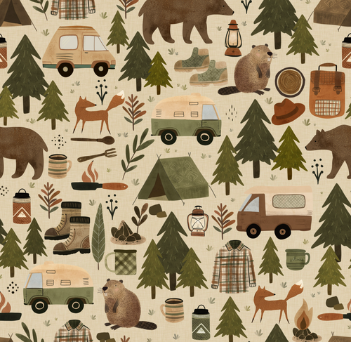 R53 PREORDER - Vintage Camping, Forest Spring by Miriam Wood - by the 1/2 metre (8307303710958)