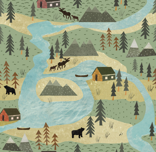 R53 PREORDER - Canadian Wilderness Lake Life Green by Miriam Wood - by the 1/2 metre (8307308986606)