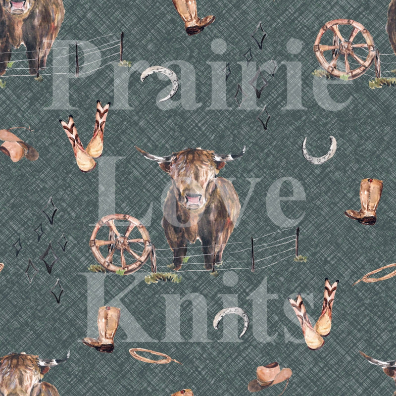R48 PREORDER - Ranch Highland Cows - Dark Teal - by the 1/2 metre (8080569172206) (8126534975726)