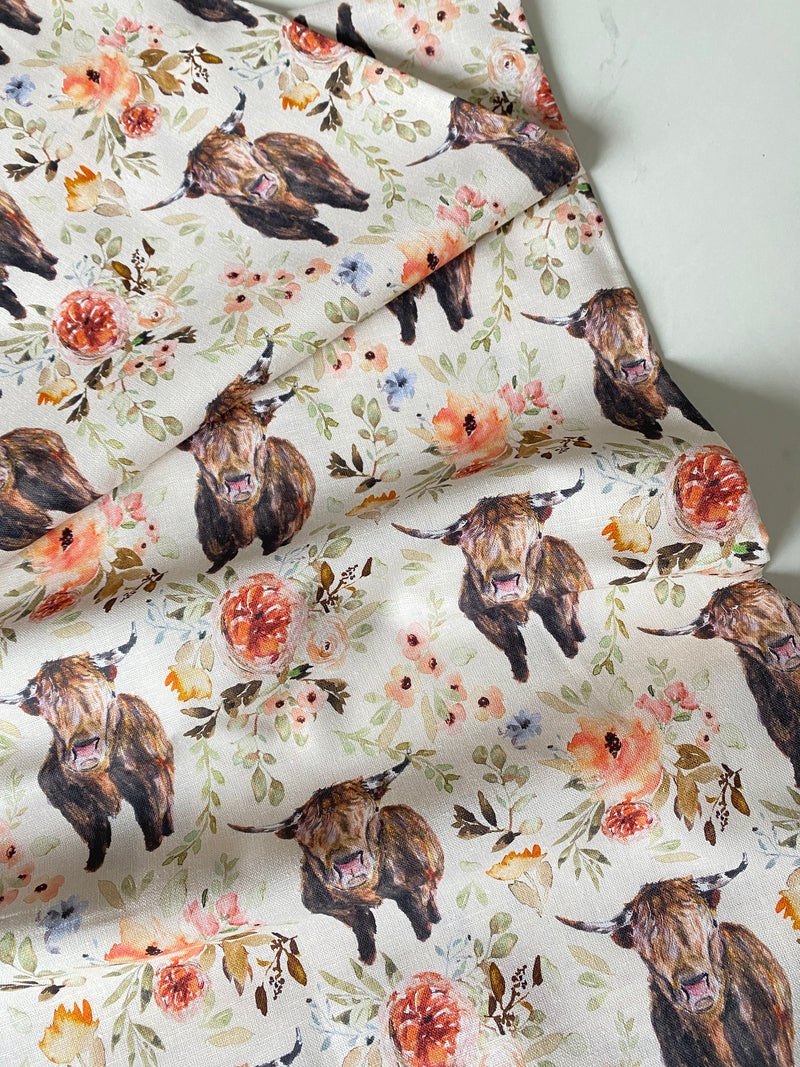 Garden Highland Cows, Cream - Custom Linen Cotton Fabric, per 1/2 meter (8081897619694)