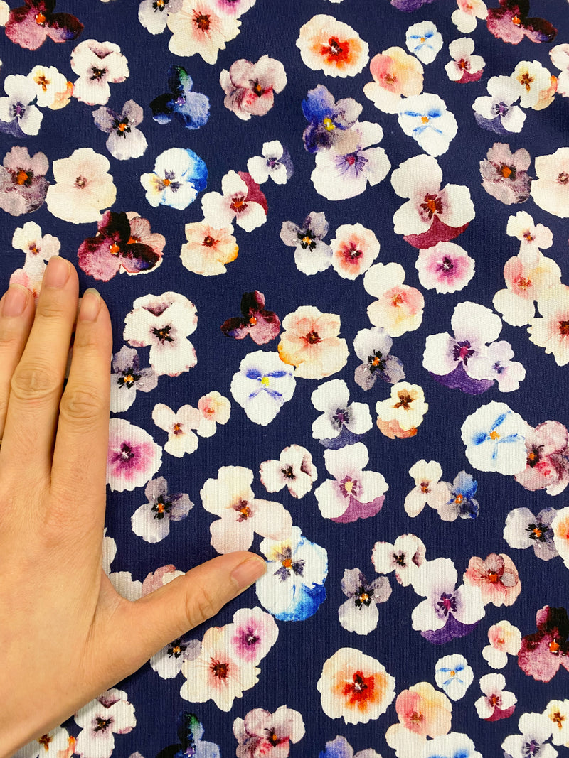 Pansies on Deep Blue - BAMBOO FRENCH TERRY by the 1/2 metre (8043618795758)