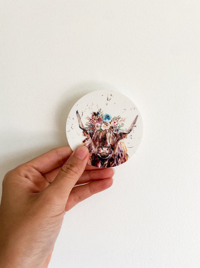 Vinyl Sticker - Highland Floral Cow- Round (7911838154990)