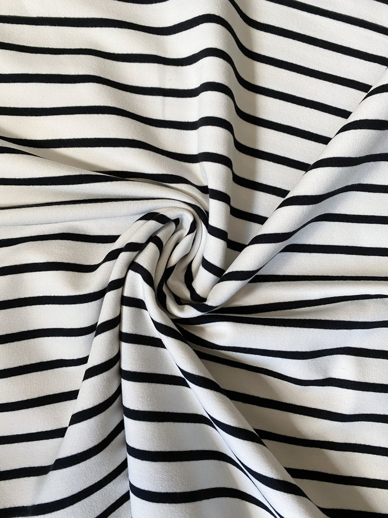 Ecru-Black Sweat Stripes - French Terry Knit Fabric. per 1/2 meter, European Knits (6779455406265)