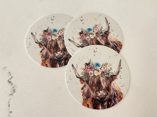 Vinyl Sticker - Highland Floral Cow- Round (7911838154990)