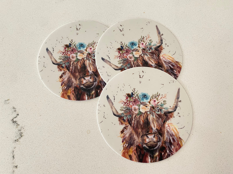 Vinyl Sticker - Highland Floral Cow- Round (7911838154990)